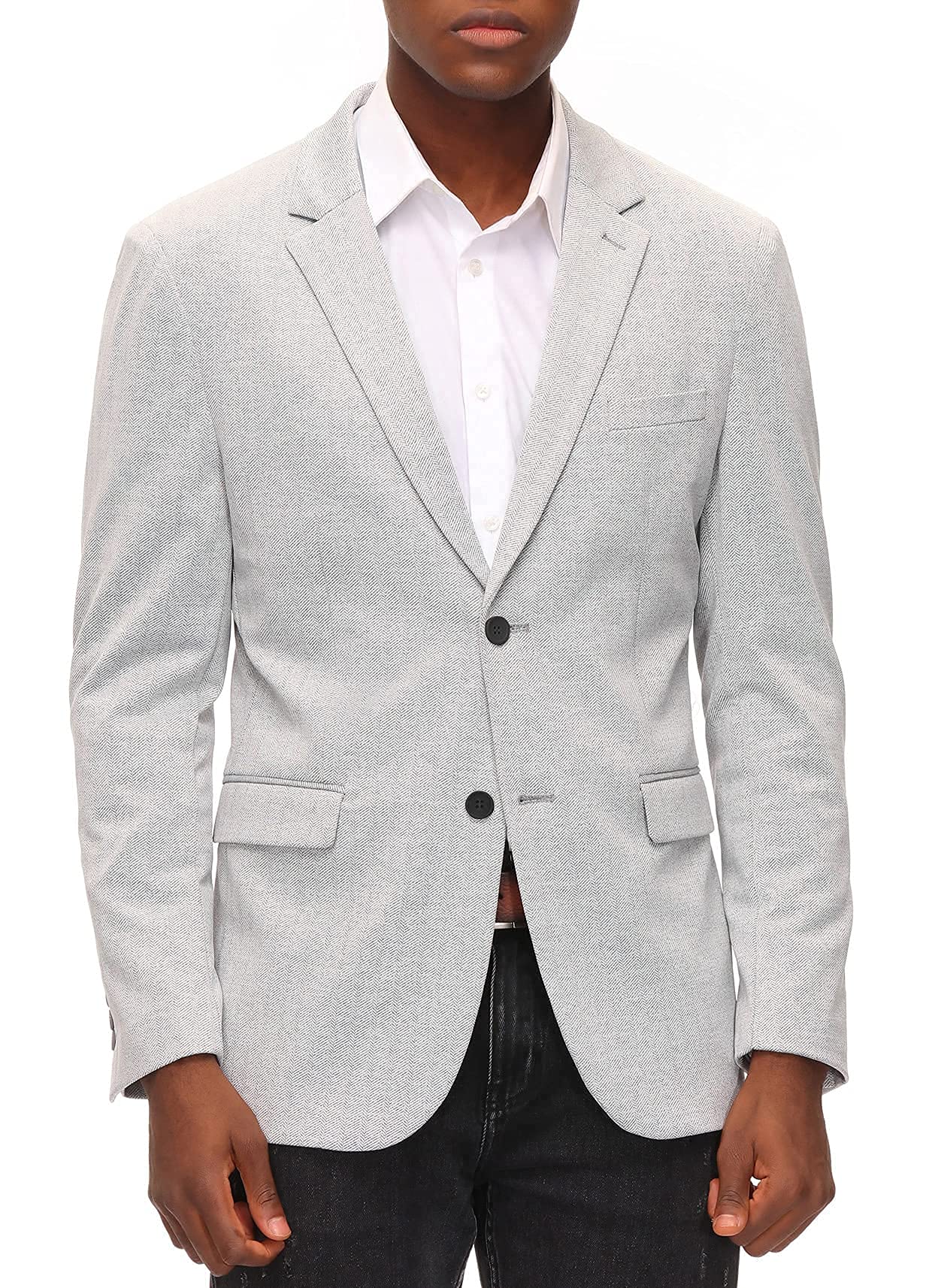 Mens Business Suit Jacket Knit Blazer Slim Fit Herringbone Sport Coat for Office Light Grey