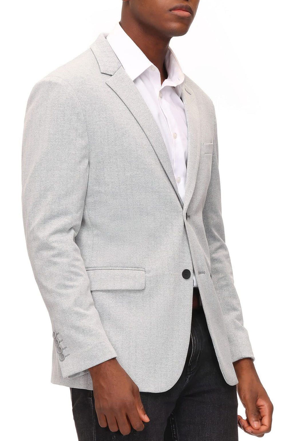 Mens Business Suit Jacket Knit Blazer Slim Fit Herringbone Sport Coat for Office Light Grey