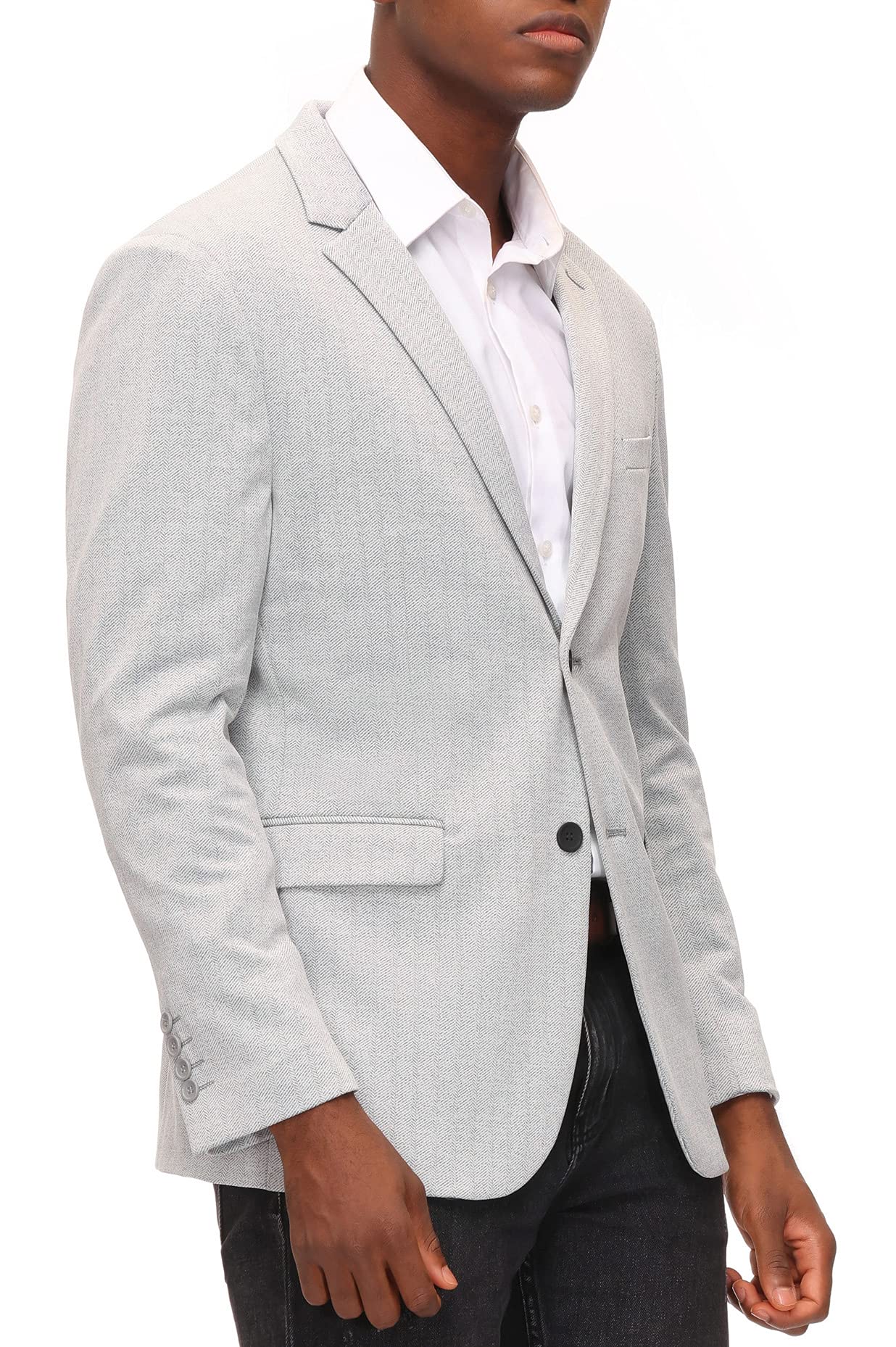 Mens Business Suit Jacket Knit Blazer Slim Fit Herringbone Sport Coat for Office Light Grey