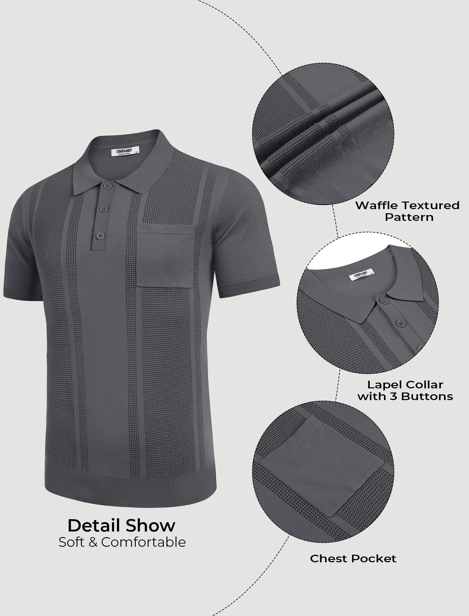COOFANDY Men's Knit Polo Shirts Short Sleeve Vintage Polo Shirt Textured Polo T Shirt Classic Golf Shirt Grey
