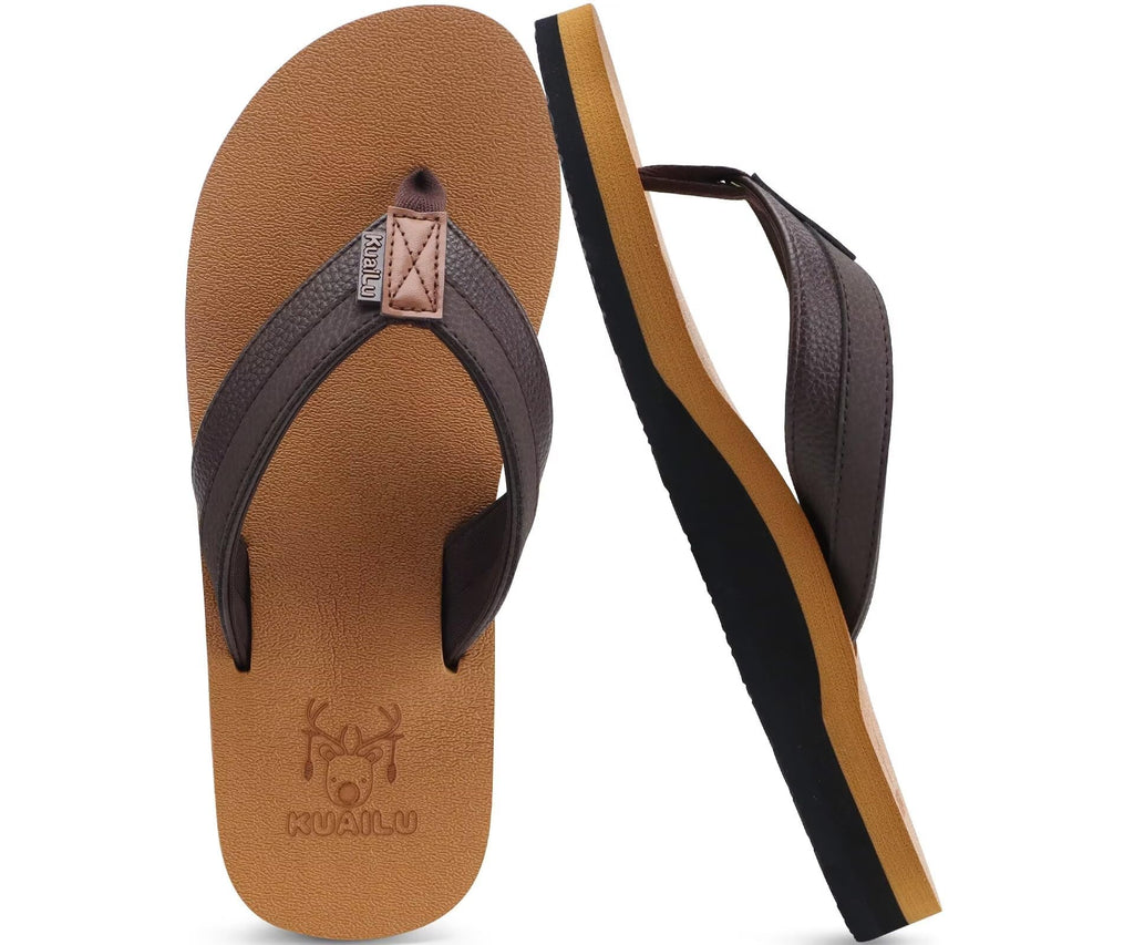 KuaiLu Mens Leather Flip Flops Arch Support Summer Beach Pool Water Thong Sandals Waterproof Outfits Travel Essentials Walking Shoes Slip on Orthotic Casual Sport Cushion Slides Slippers Khaki Size 10