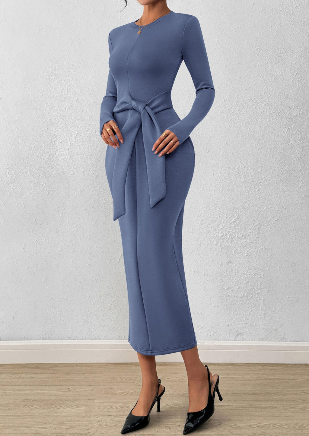 PRETTYGARDEN Women 2025 Semi Formal Midi Dresses Long Sleeve Bodycon Tie Waist Slit Wedding Guest Cocktail Fall Fashion Dress (Dusty Blue,Large)