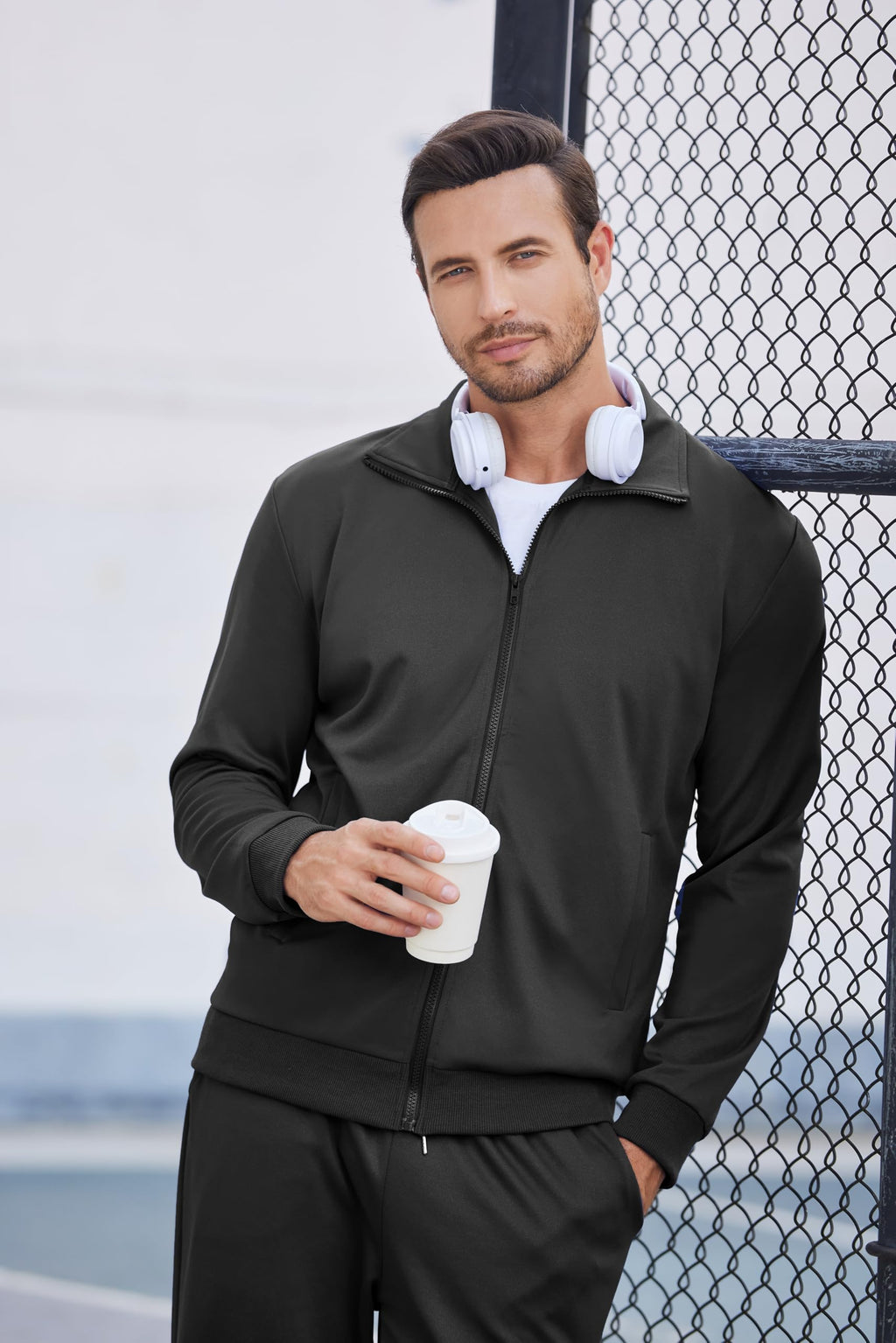 COOFANDY Men's Sweatsuit 2 Piece Casual Athletic Tracksuit Jogging Warm Up Full Zip Sets Black Track Suit Large