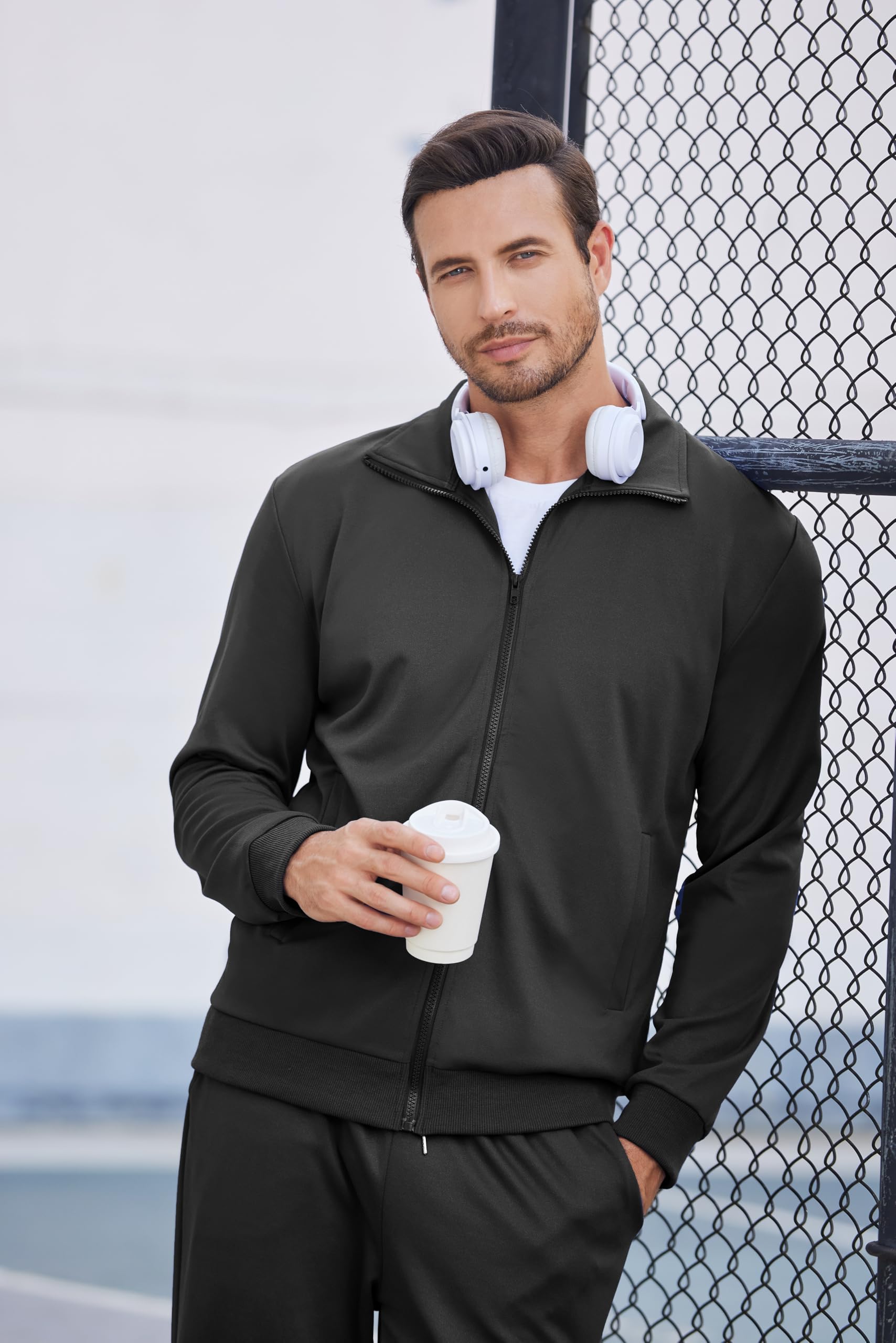 COOFANDY Men's Sweatsuit 2 Piece Casual Athletic Tracksuit Jogging Warm Up Full Zip Sets Black Track Suit Large