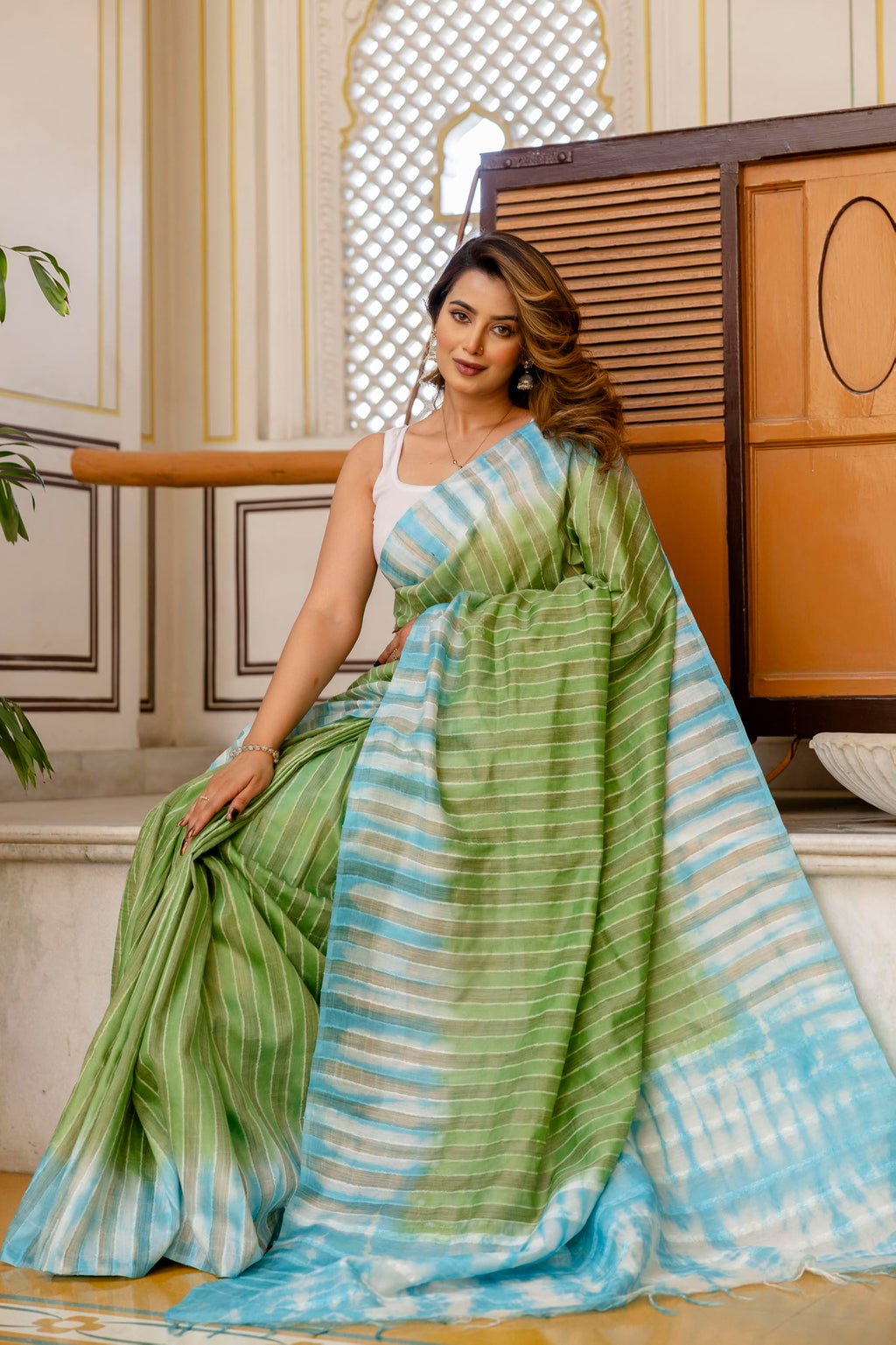 TASHAINA Kota Silk Bhagalpur Saree – Elegant Handloom Striped Design with Contrast Pallu & Blouse Piece – Lightweight Festive Wear