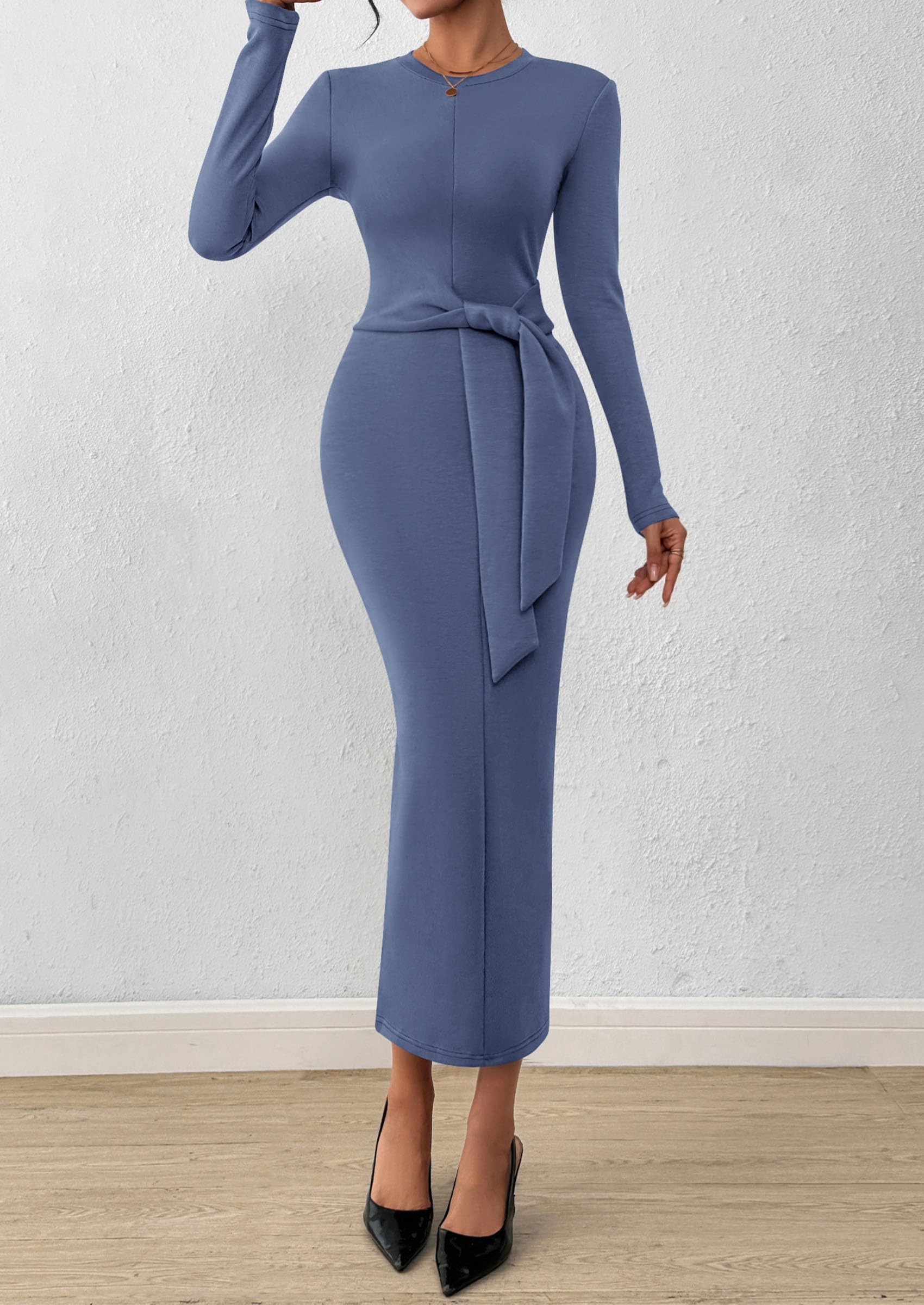 PRETTYGARDEN Women 2025 Semi Formal Midi Dresses Long Sleeve Bodycon Tie Waist Slit Wedding Guest Cocktail Fall Fashion Dress (Dusty Blue,Large)