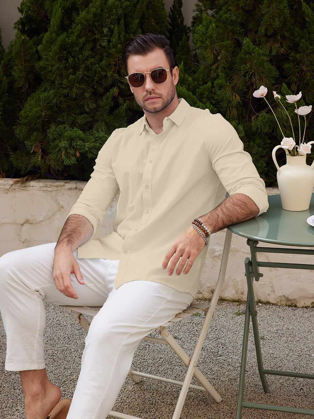 Mens Casual Long Sleeve Cotton Linen Shirts Buttons Down Solid Plain Roll-Up Sleeve Summer Beach Shirts