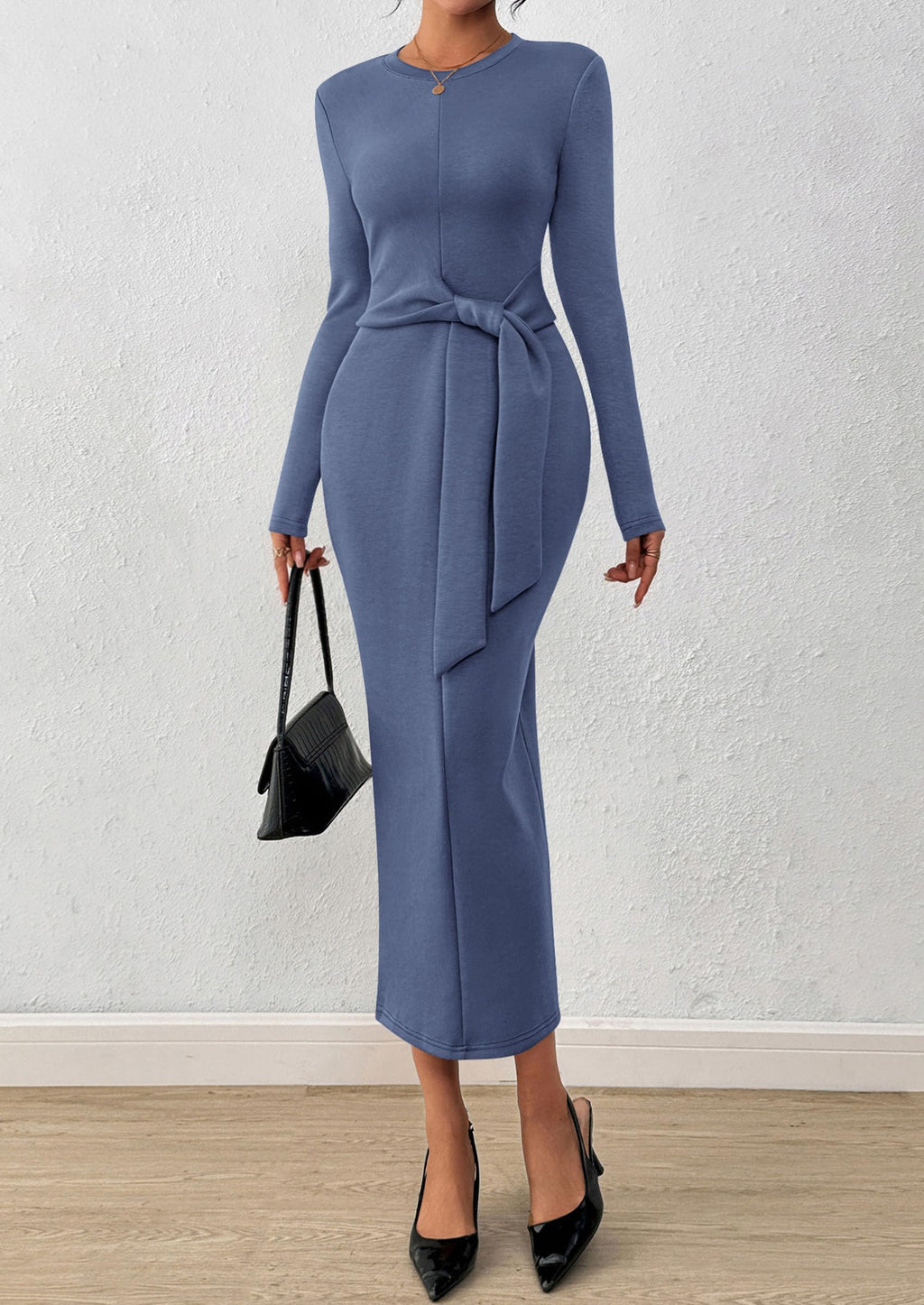 PRETTYGARDEN Women 2025 Semi Formal Midi Dresses Long Sleeve Bodycon Tie Waist Slit Wedding Guest Cocktail Fall Fashion Dress (Dusty Blue,Large)