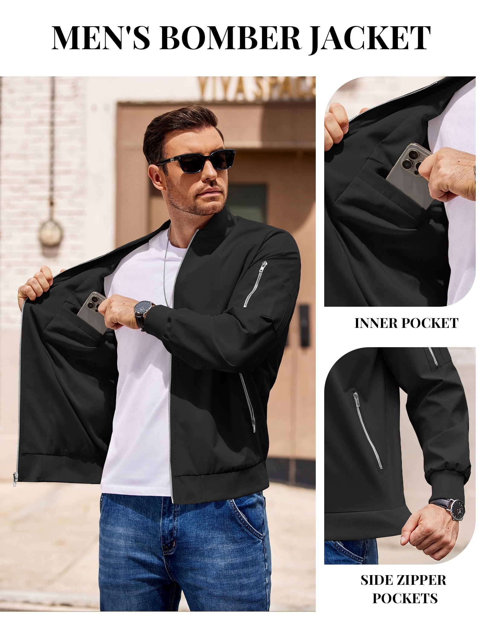 COOFANDY Mens Jacket Black Lightweight Bomber Jackets Coat Casual Spring Fall Windbreakers With Zippered Pocket XXL