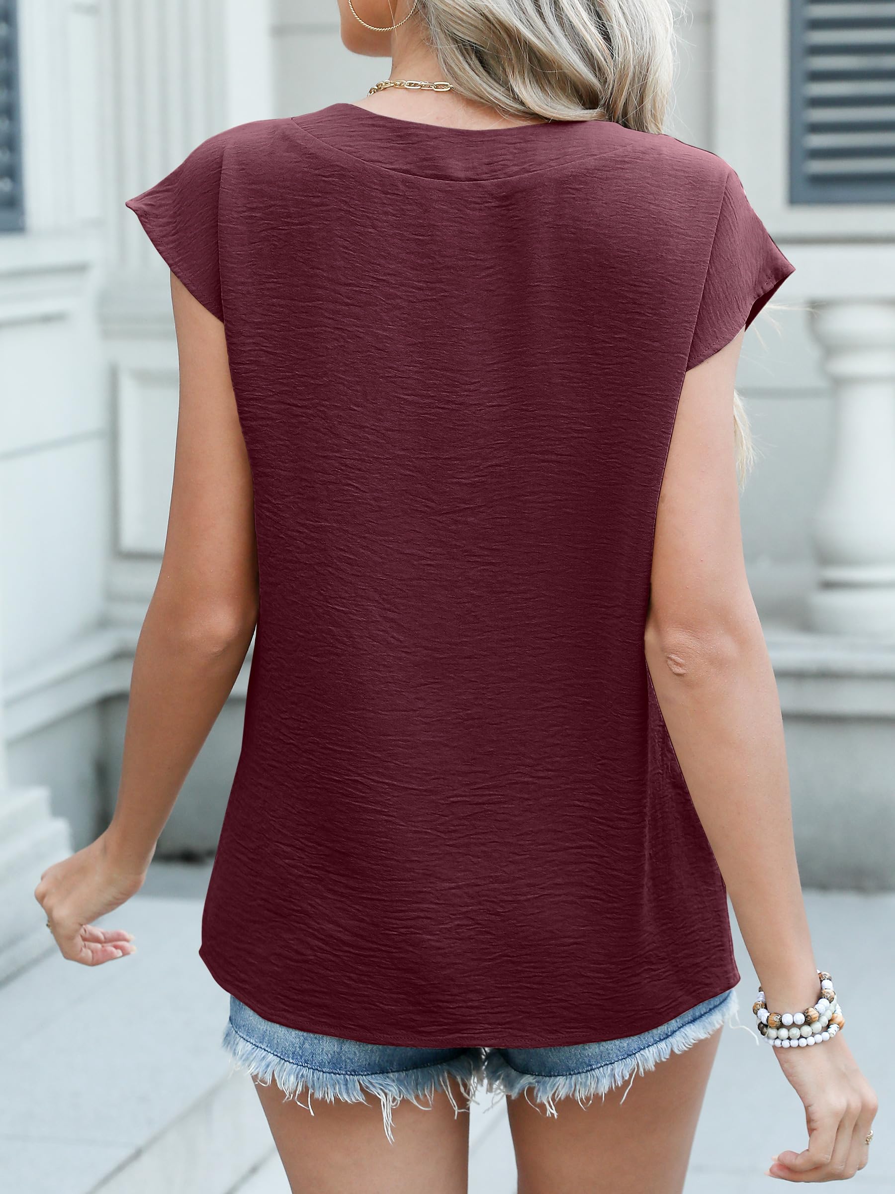 ANRABESS Women Tops Cap Sleeve Textured Dressy Casual V Neck Shirts 2025 Summer Business Work Blouses Outfits Burgundy Medium