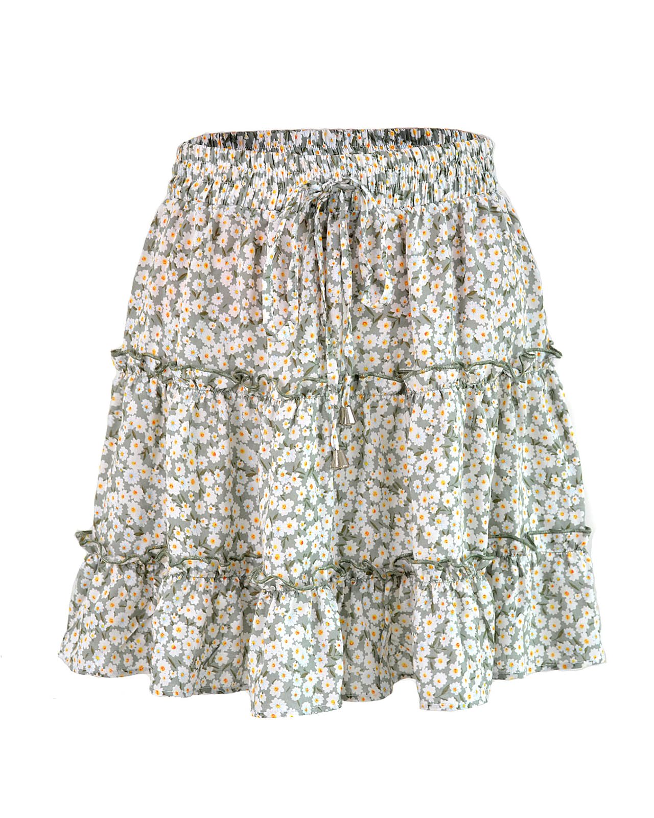 DooMoni Women's High Waisted Floral Mini Skirt Drawstring Boho Print Ruffle Summer Short Skirts