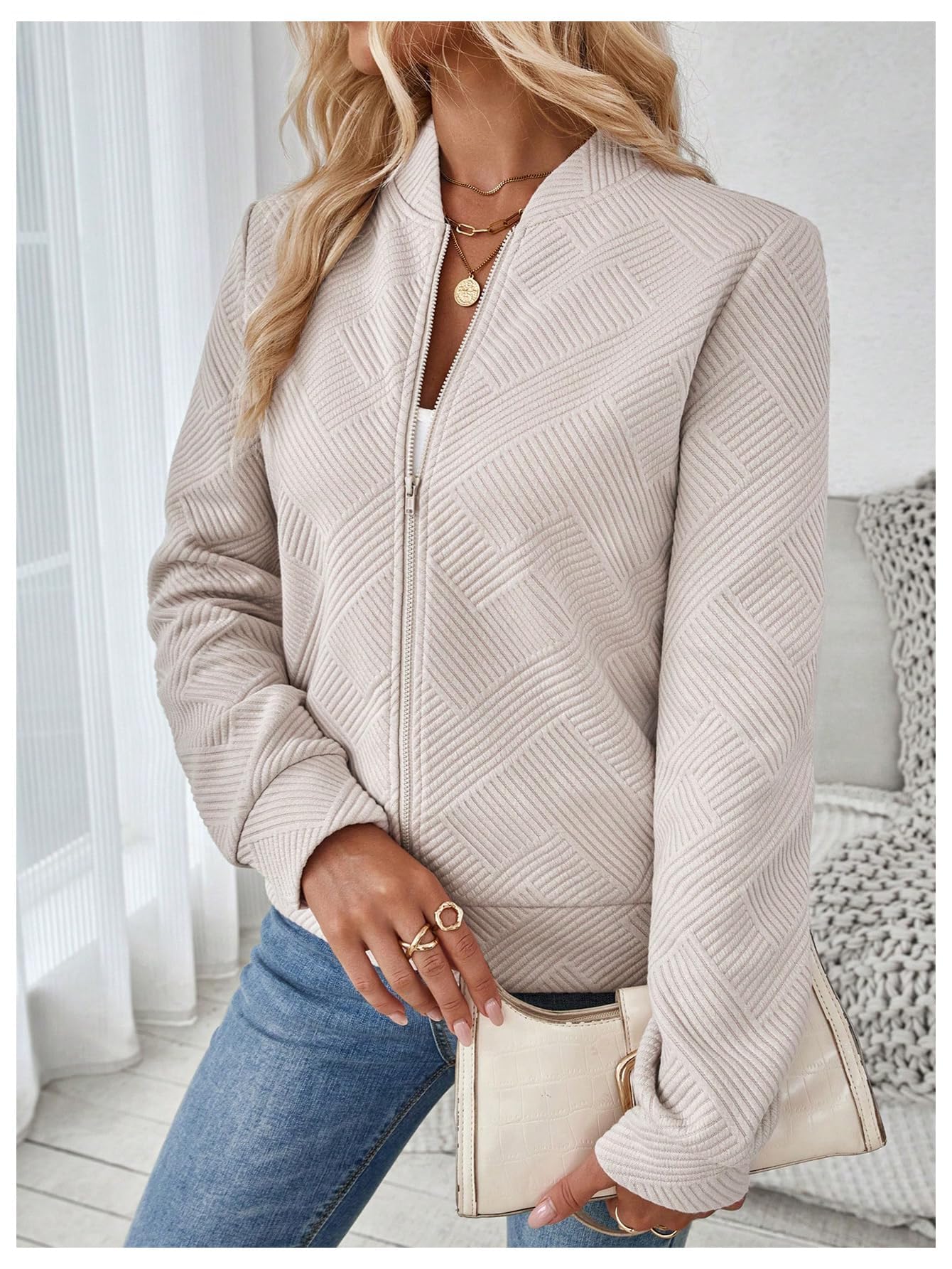 Verdusa Women's Zip Up Textured Lightweight Bomber Jacket Casual Long Sleeve Outerwear Khaki Small