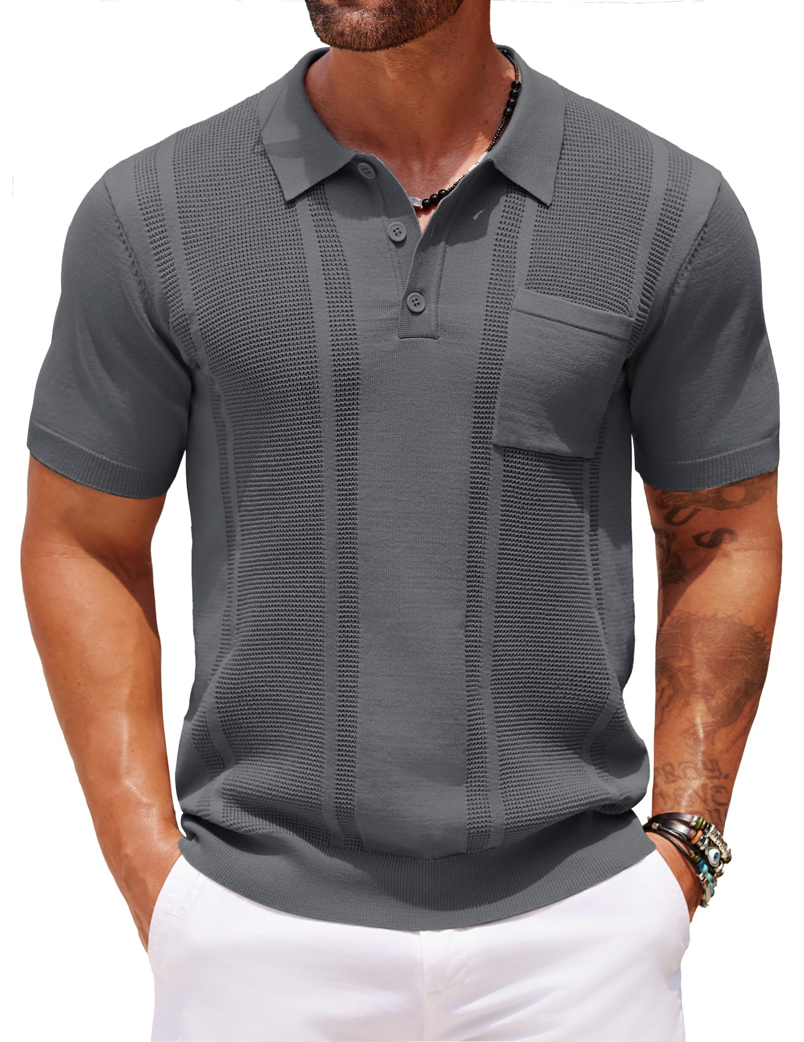 COOFANDY Men's Knit Polo Shirts Short Sleeve Vintage Polo Shirt Textured Polo T Shirt Classic Golf Shirt Grey