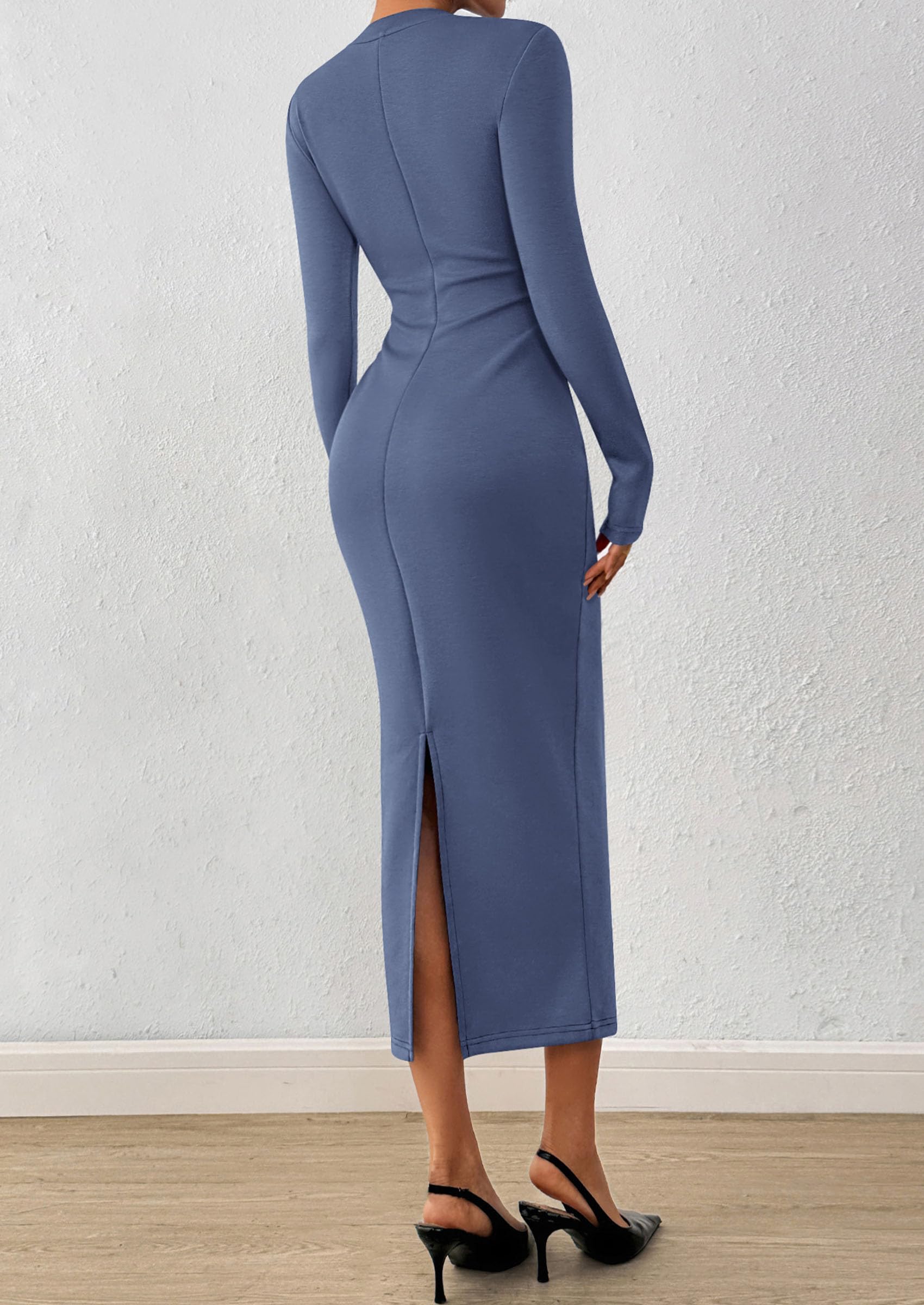 PRETTYGARDEN Women 2025 Semi Formal Midi Dresses Long Sleeve Bodycon Tie Waist Slit Wedding Guest Cocktail Fall Fashion Dress (Dusty Blue,Large)