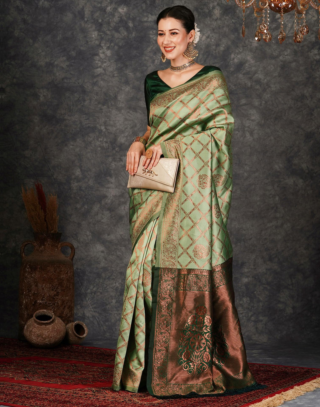 SIRIL Women's Banarasi Jacquard Soft Silk Kanjeevaram Saree With Unstitched Blouse Piece (3759S135A_Pista Green)