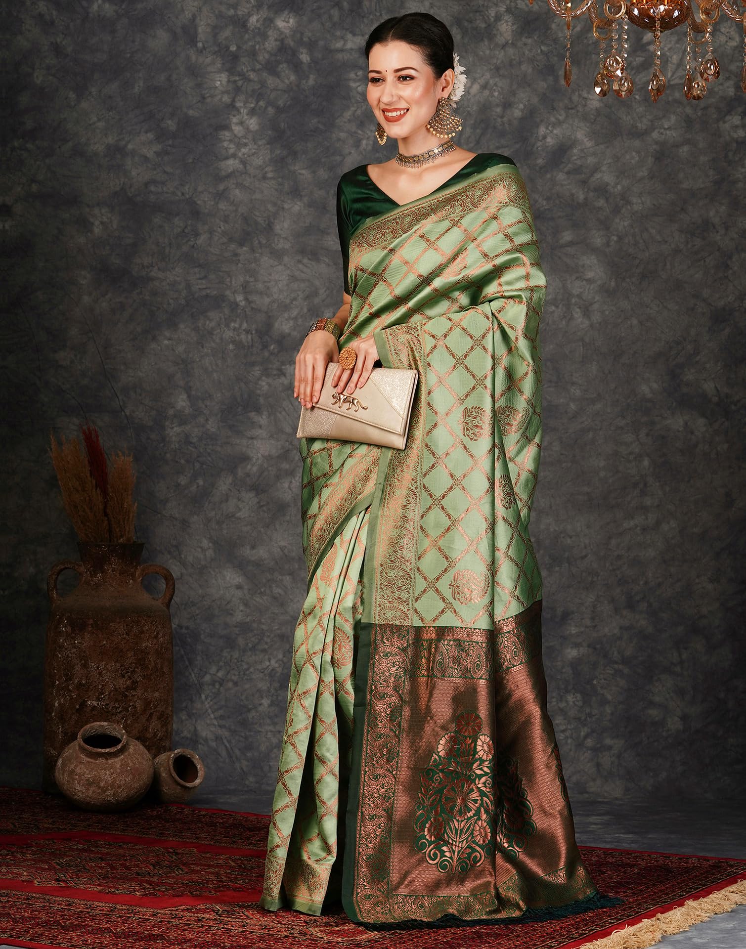 SIRIL Women's Banarasi Jacquard Soft Silk Kanjeevaram Saree With Unstitched Blouse Piece (3759S135A_Pista Green)