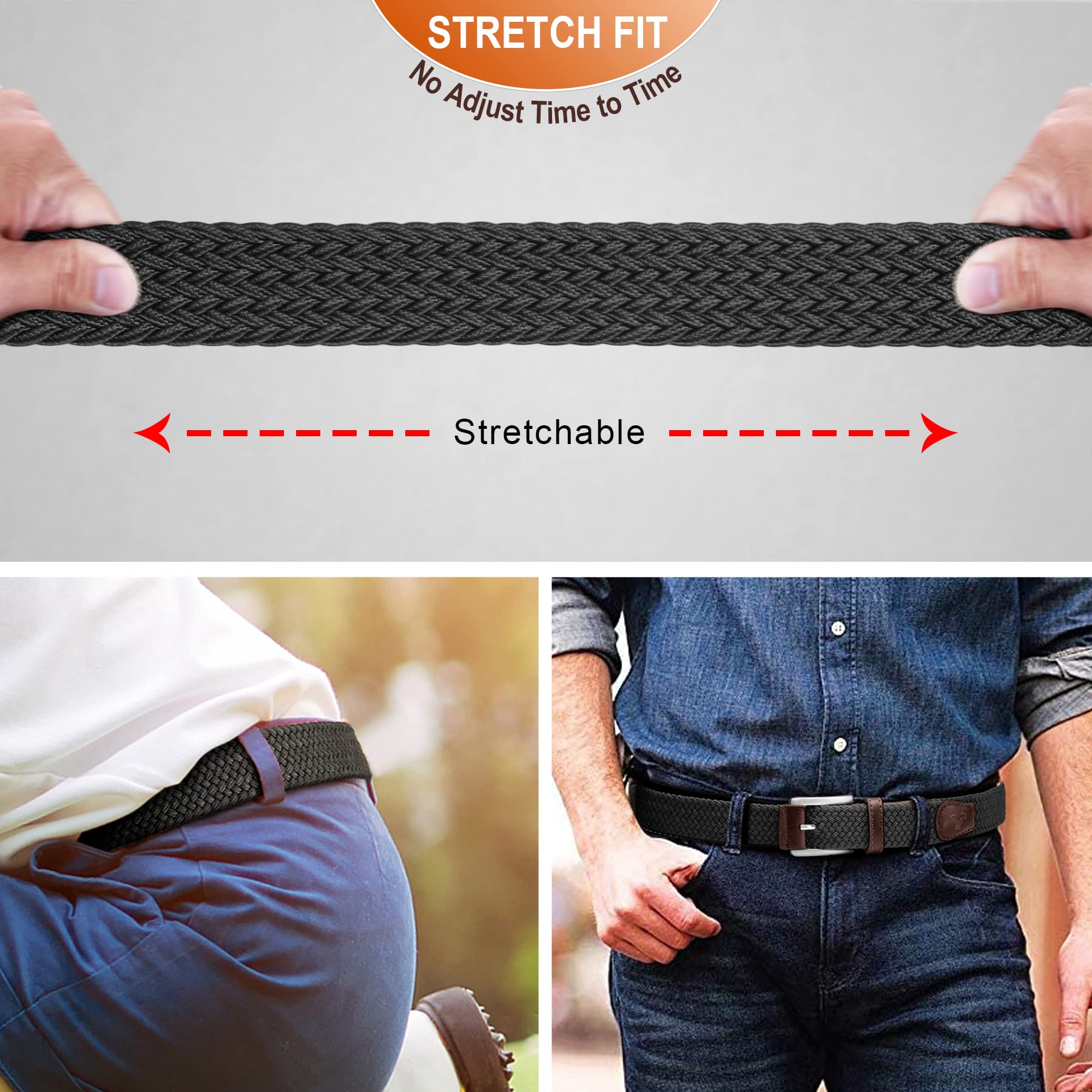BULLIANT Belt for Men 2Pack,Mens Gift Stretch Braided Web Belt Elastic for Casual Golf Jeans,1 3/8"(Black/Beige,30"-34" Waist Adjustable)