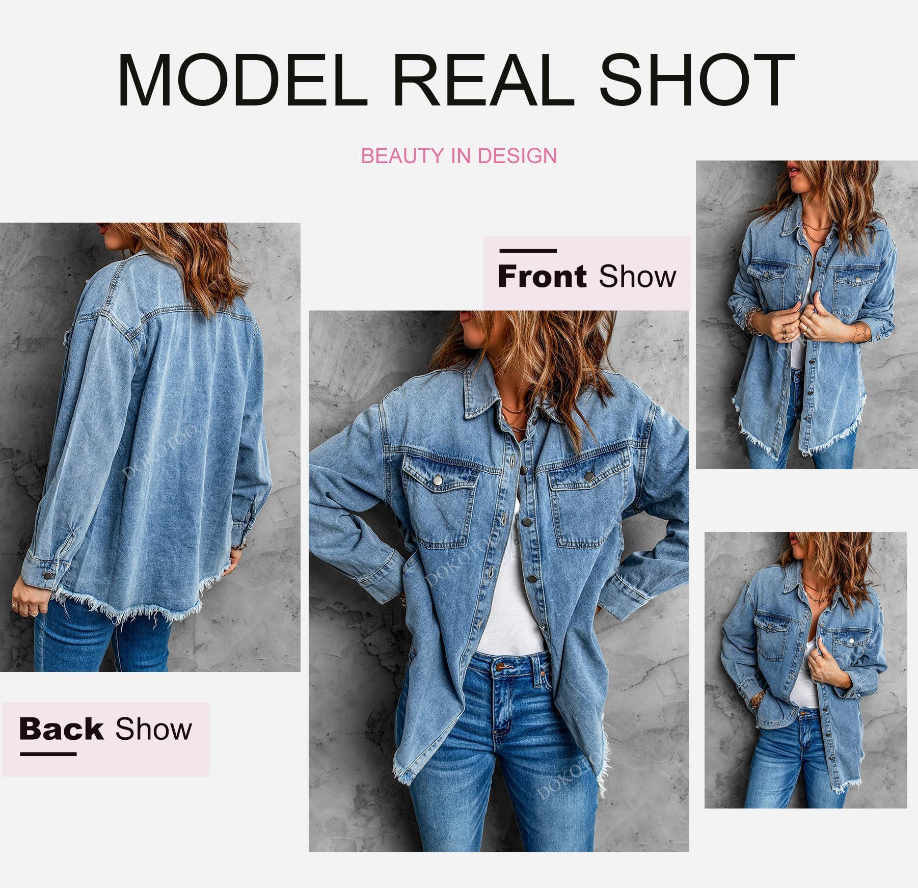 Dokotoo Womens Washed Boyfriend Oversized Lapel Button Up Long Sleeve Denim Trucker Jacket Distressed Ripped Denim Jackets Fashion Distressed Jean Jacket for Women with Pockets,(US 12-14) L,Sky Blue