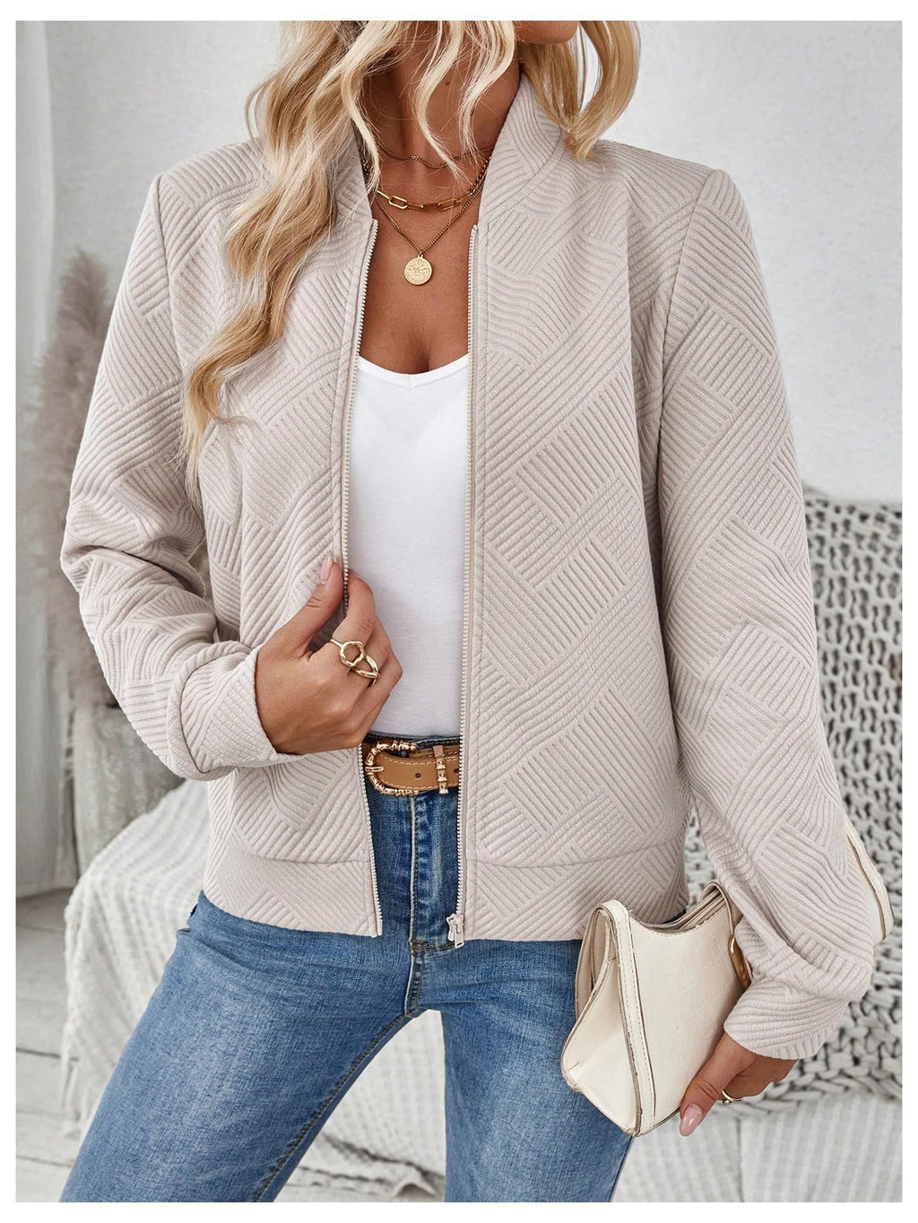 Verdusa Women's Zip Up Textured Lightweight Bomber Jacket Casual Long Sleeve Outerwear Khaki Small