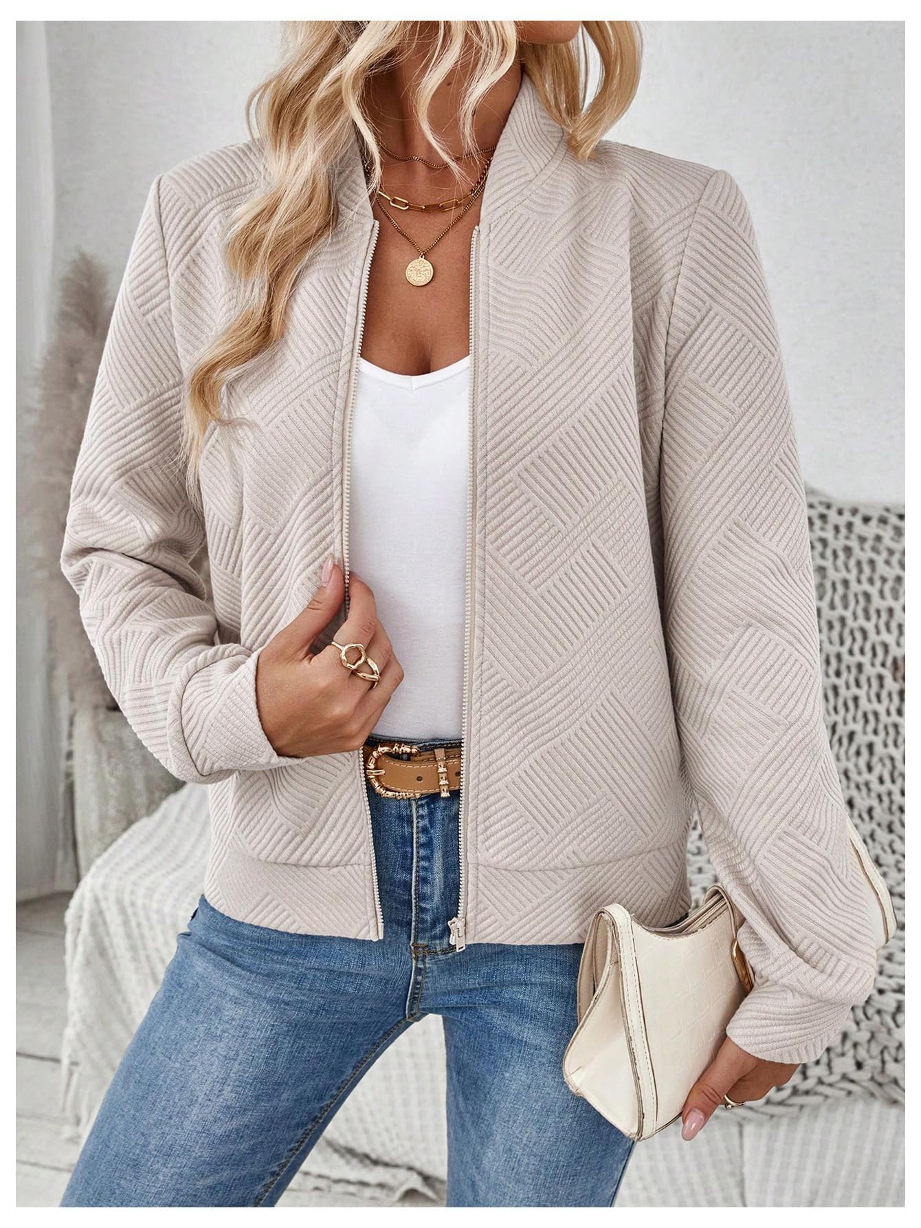 Verdusa Women's Zip Up Textured Lightweight Bomber Jacket Casual Long Sleeve Outerwear Khaki Small