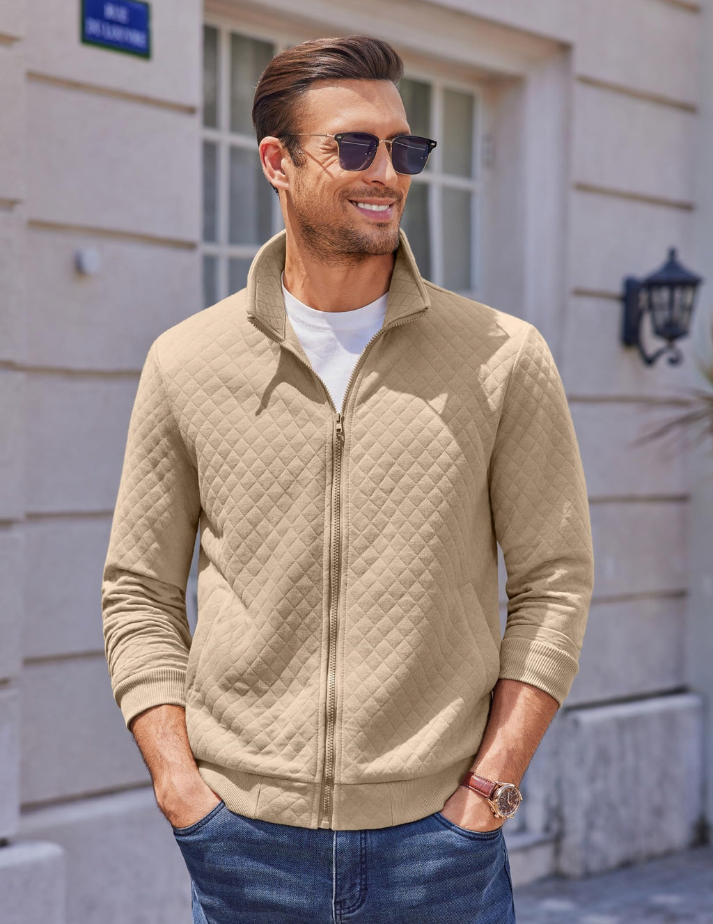 COOFANDY Men's Quilted Jackets Full Zip Mock Neck Sweatshirts Lightweight Hoodless Jacket Fall 2025 Khaki