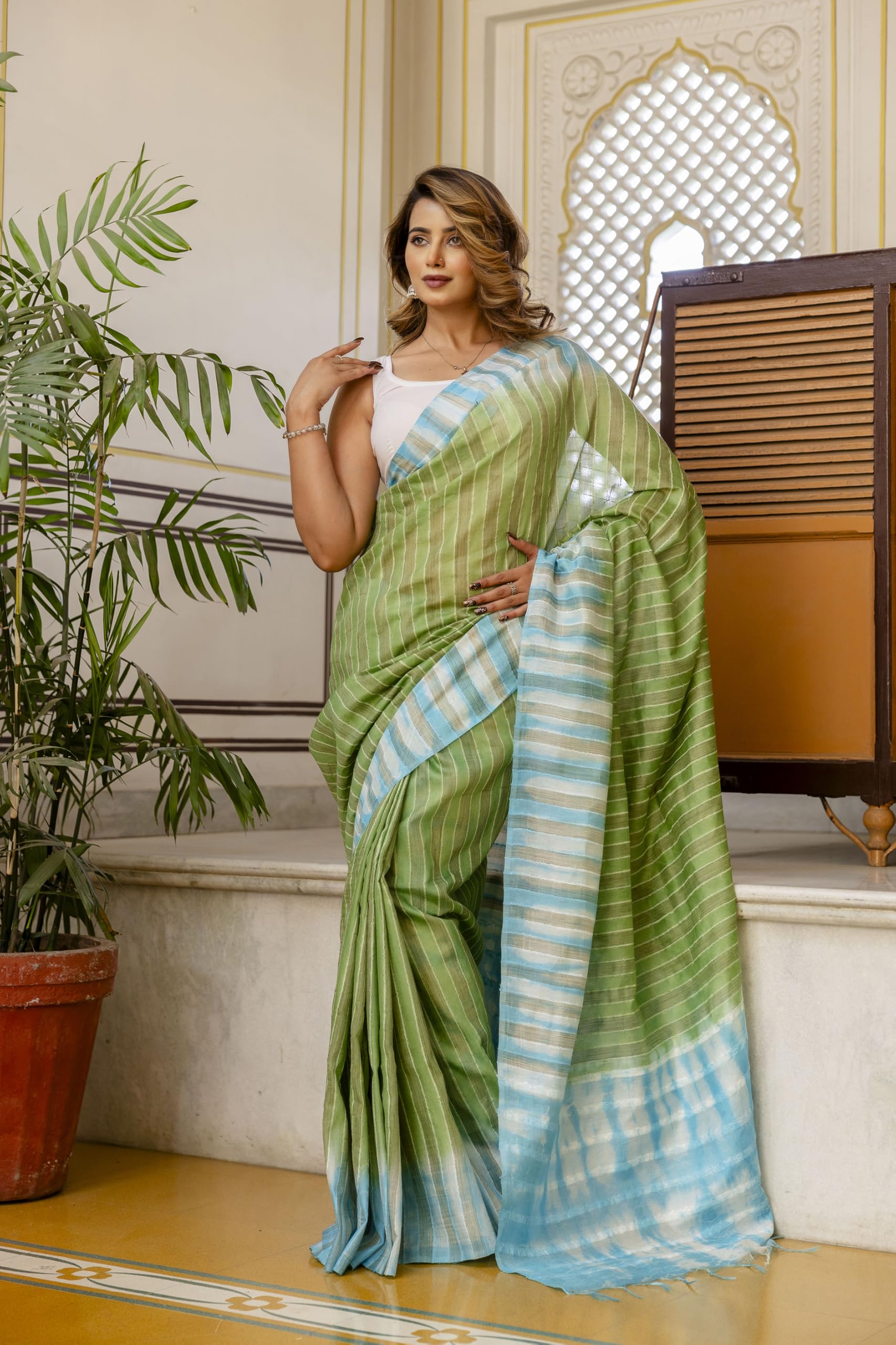 TASHAINA Kota Silk Bhagalpur Saree – Elegant Handloom Striped Design with Contrast Pallu & Blouse Piece – Lightweight Festive Wear