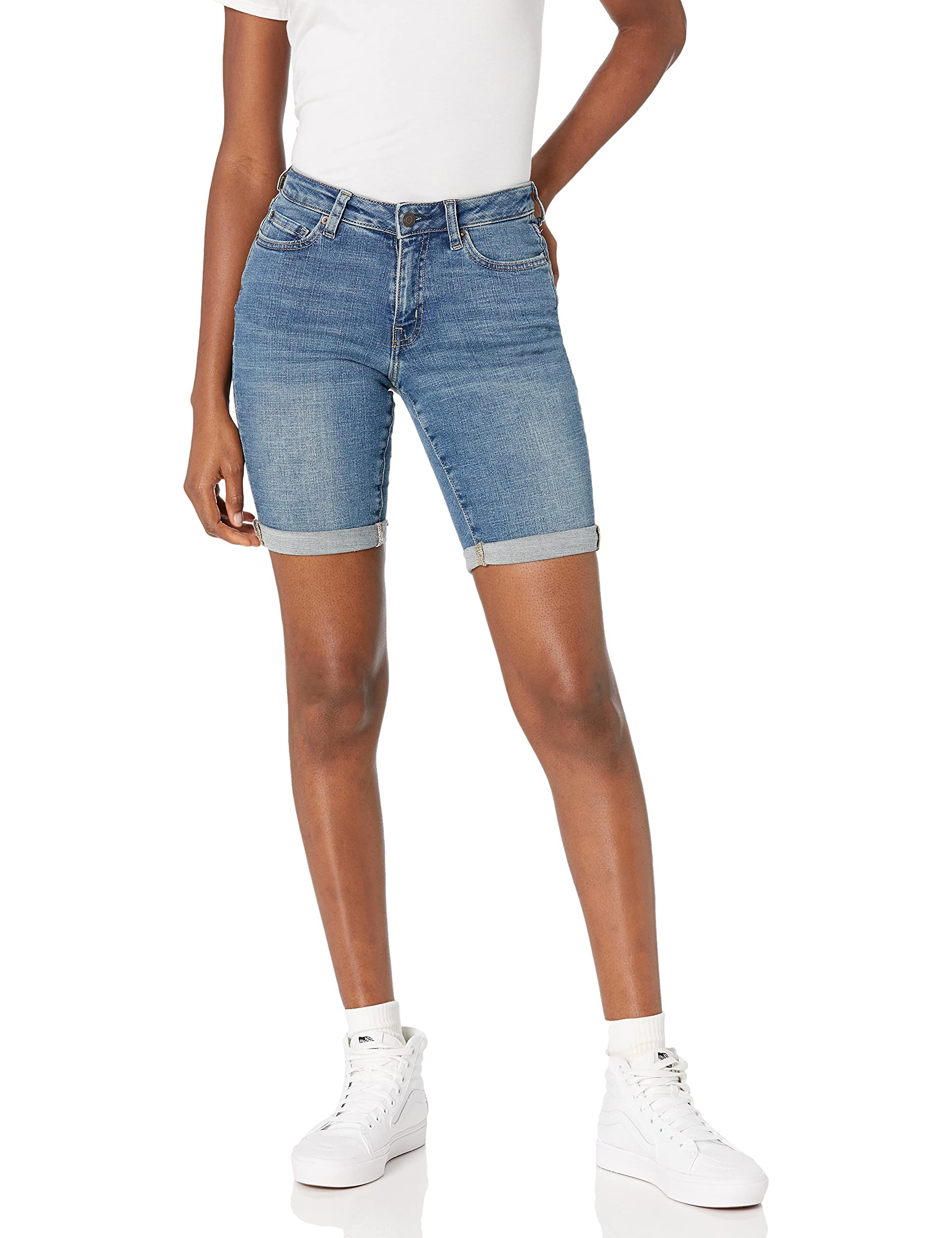 Amazon Essentials Women's Mid-Rise Slim fit Denim Bermuda Shorts with Pockets, Medium Wash, Size 16
