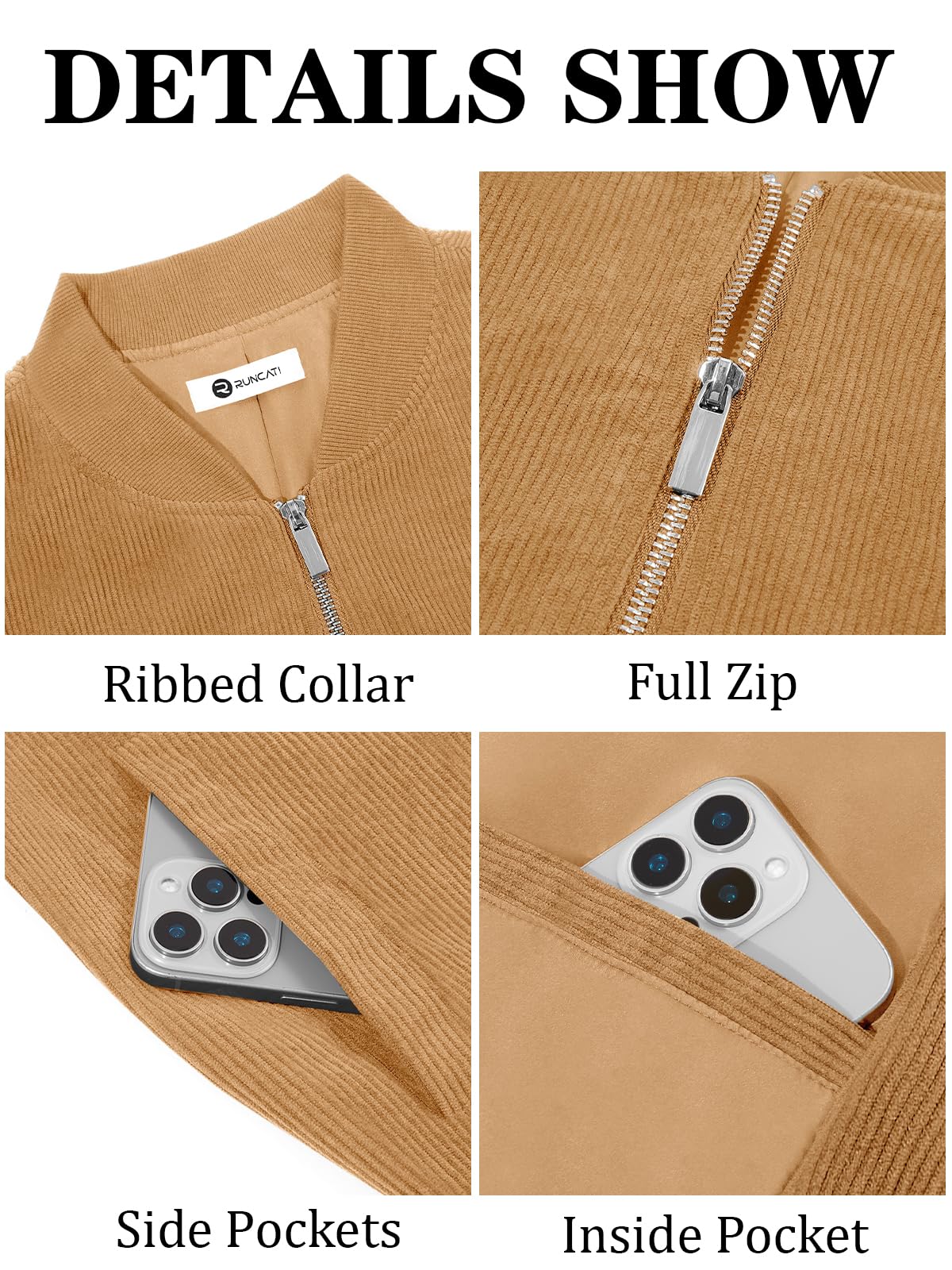 Runcati Mens Corduroy Bomber Jacket Lightweight Zip Up Casual Vintage Fall Varsity Jacket with Pockets
