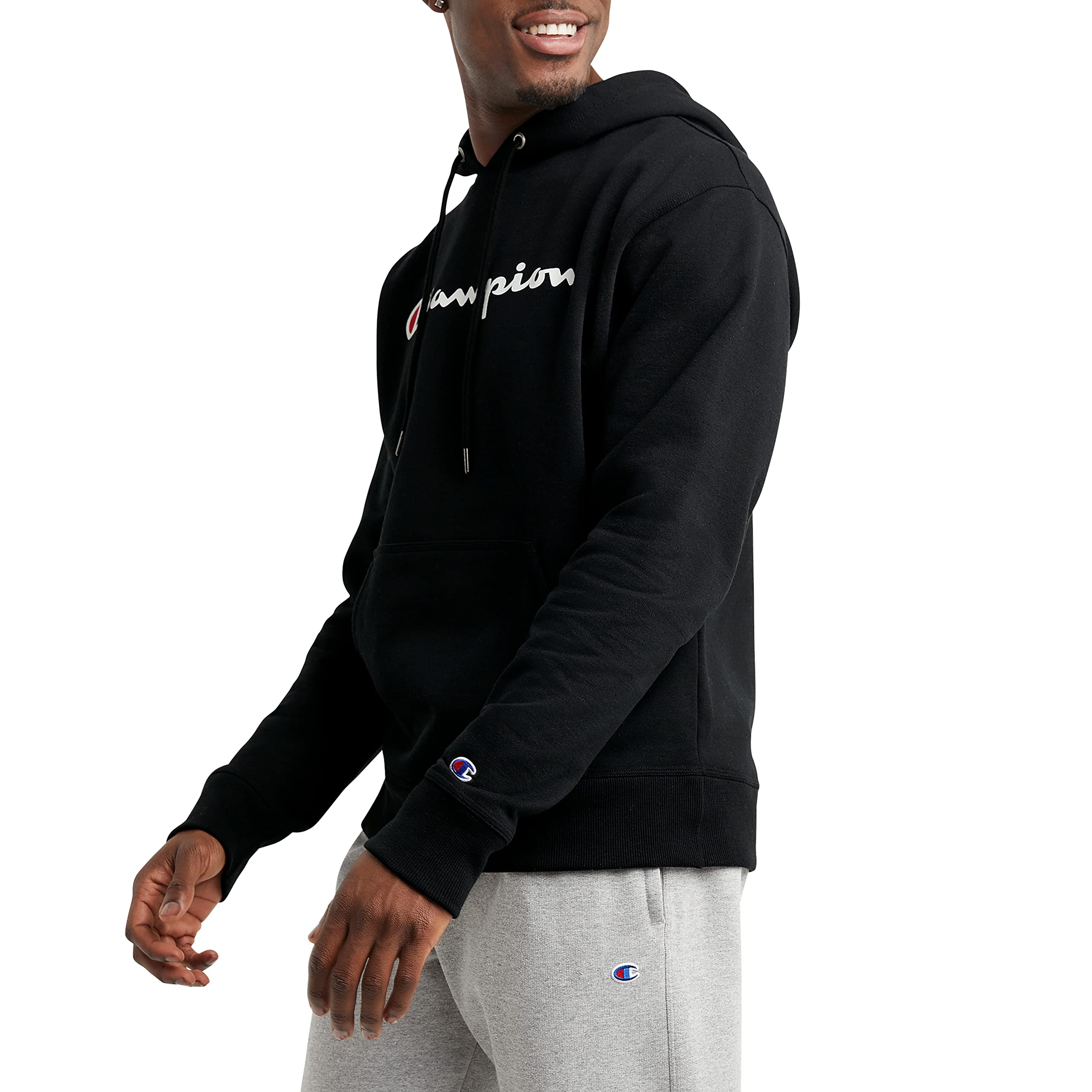 Champion Men's Pullover Fleece Hoodie, Standard Fit, Midweight, Available in Regular and Big & Tall, Black-Classic Script Logo, Medium