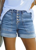 Sidefeel Womens Jean Shorts Summer High Waisted Stretchy Buttoned Folded Hem Denim Shorts Light Blue Size 14