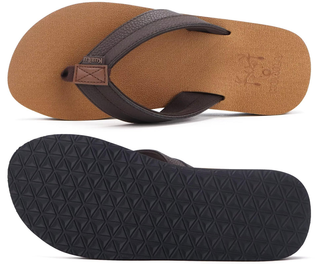 KuaiLu Mens Leather Flip Flops Arch Support Summer Beach Pool Water Thong Sandals Waterproof Outfits Travel Essentials Walking Shoes Slip on Orthotic Casual Sport Cushion Slides Slippers Khaki Size 10