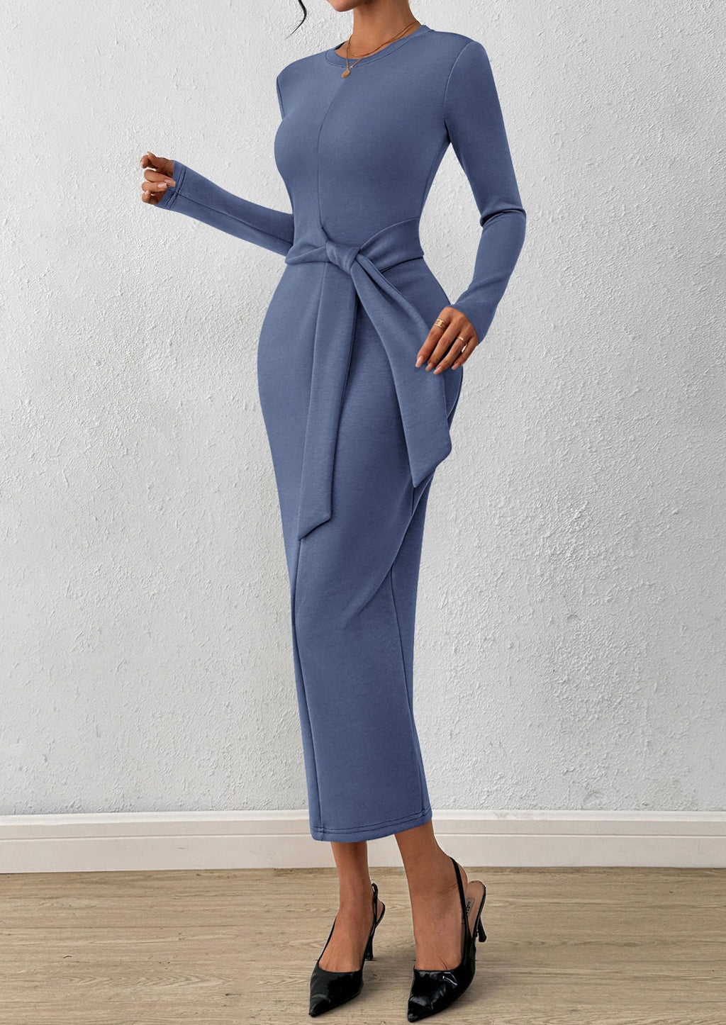 PRETTYGARDEN Women 2025 Semi Formal Midi Dresses Long Sleeve Bodycon Tie Waist Slit Wedding Guest Cocktail Fall Fashion Dress (Dusty Blue,Large)