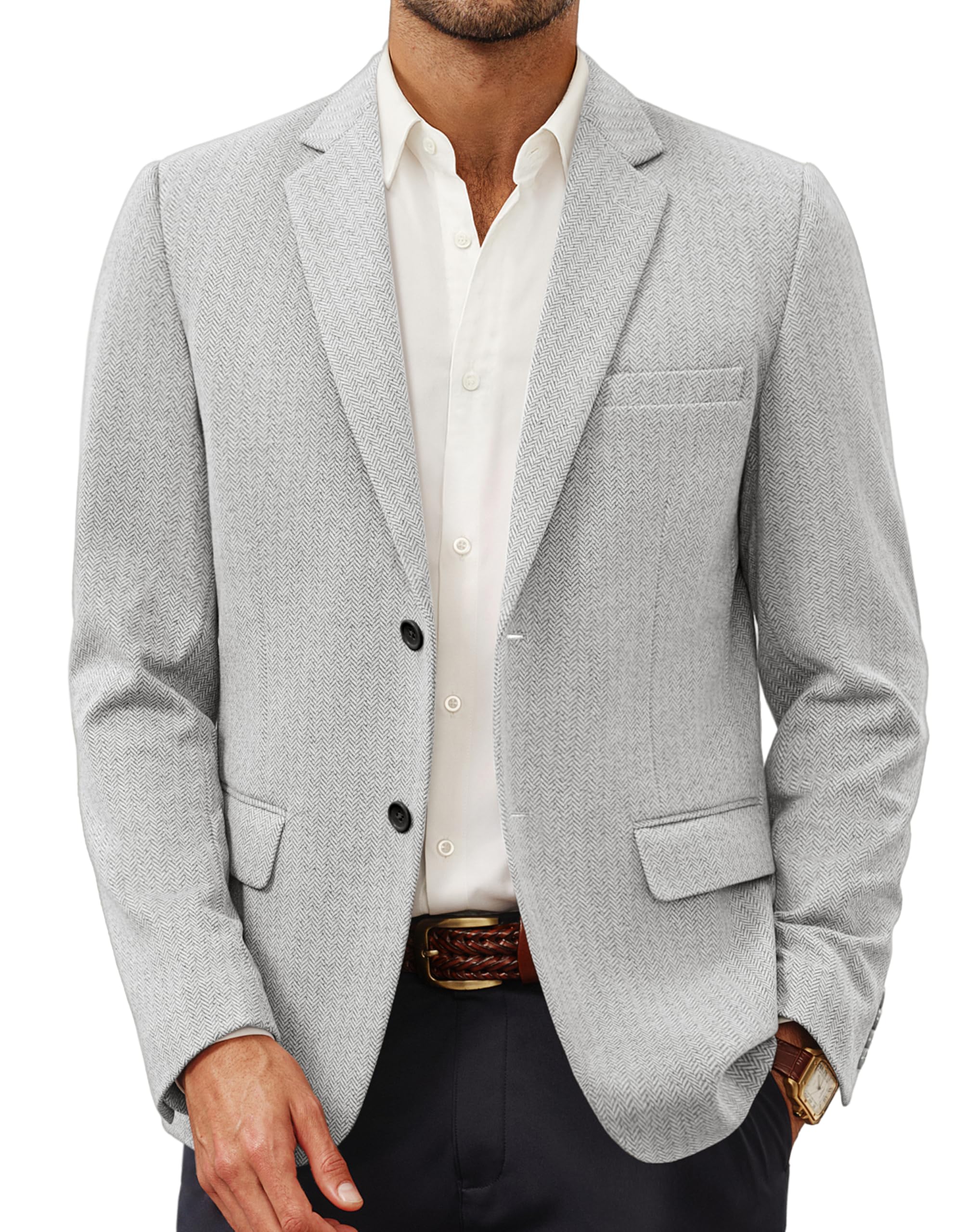 Mens Business Suit Jacket Knit Blazer Slim Fit Herringbone Sport Coat for Office Light Grey