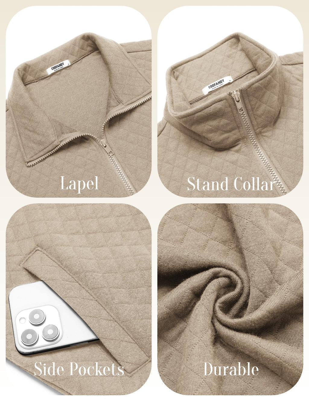 COOFANDY Men's Quilted Jackets Full Zip Mock Neck Sweatshirts Lightweight Hoodless Jacket Fall 2025 Khaki