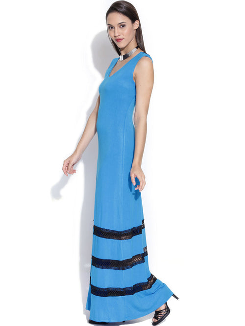 Bebe Blue Maxi Dress with Lace Detail