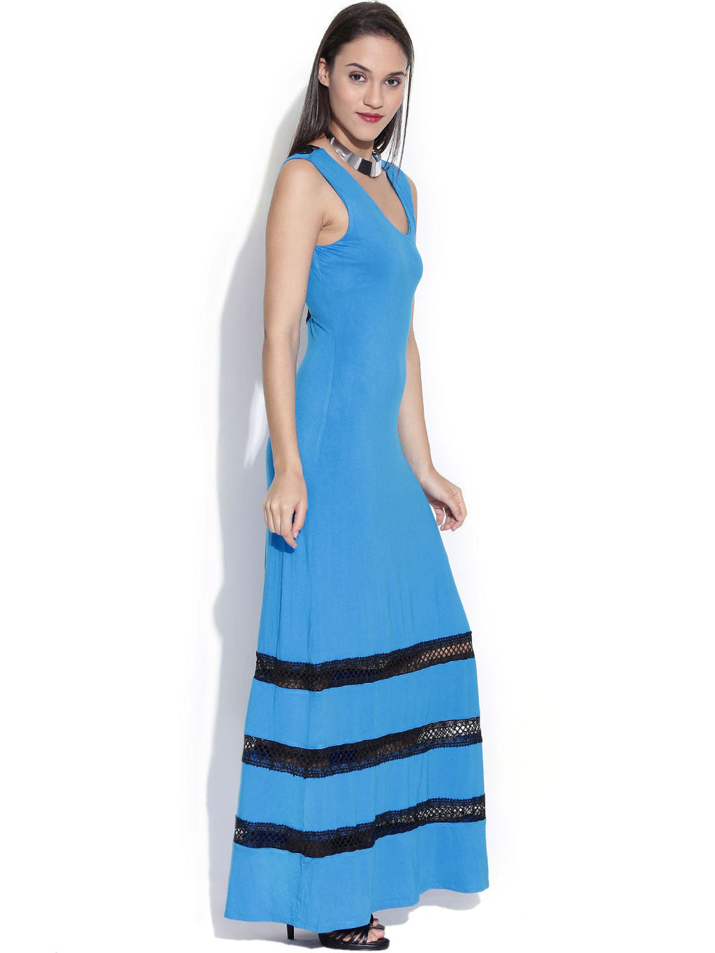 Bebe Blue Maxi Dress with Lace Detail